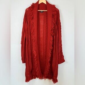 4SI3NNA Red/Orange Fringed Chunky Cable Knit Cardigan Sweater Medium